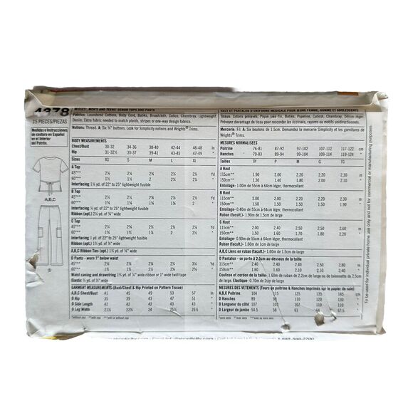 SIMPLICITY 4378 EASY SEWING PATTERN ADULT/TEENS SIZE XS-S-M SCRUB TOPS & PANTS - Picture 2 of 2